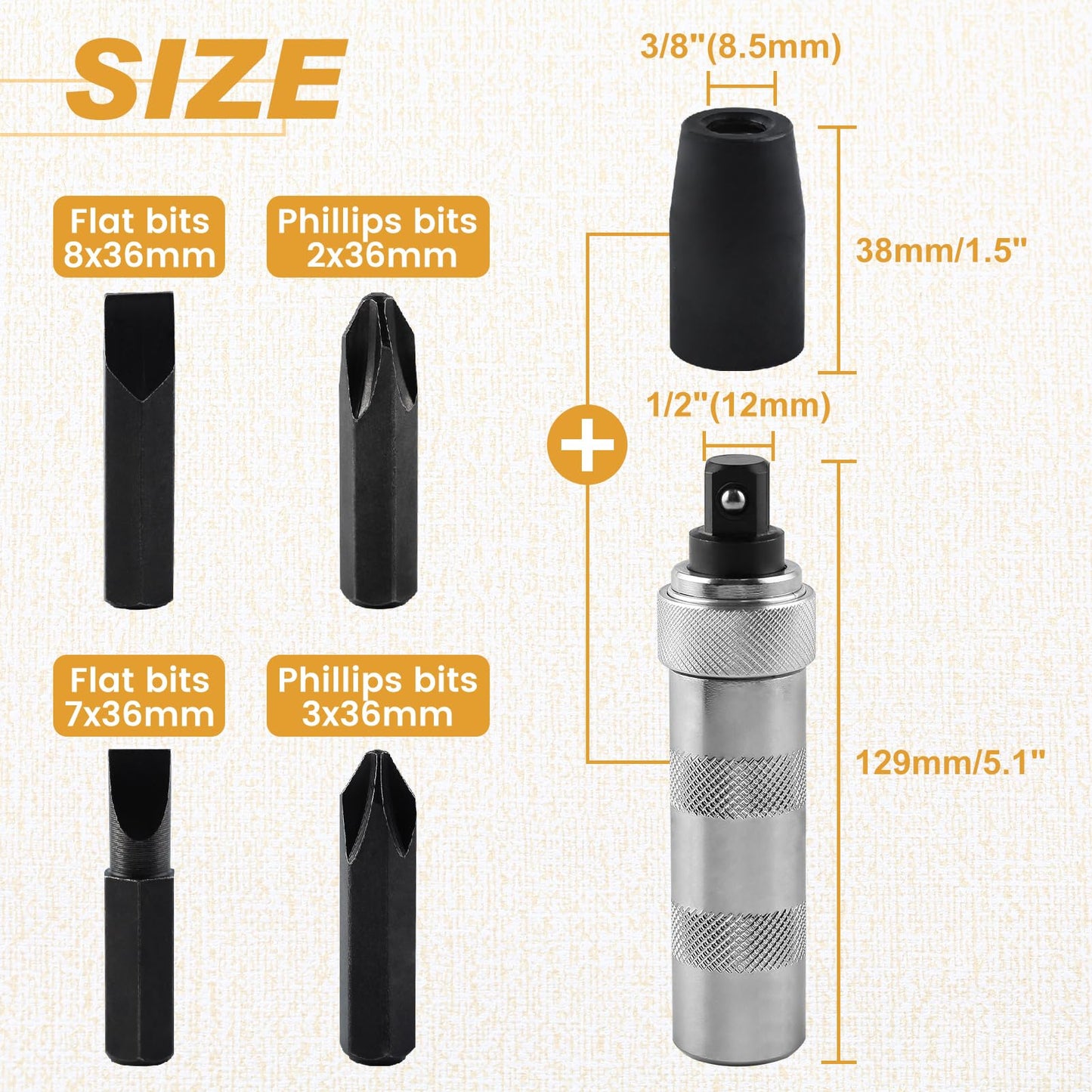 LEONTOOL 3/8 Inch Drive Manual Impact Driver Set Hand Impact Driver Extractor Tool, Reversible Hand Screwdriver Set, with Slotted and Phillips Screwdriver Bits, for Tighten/Rusted Fasteners