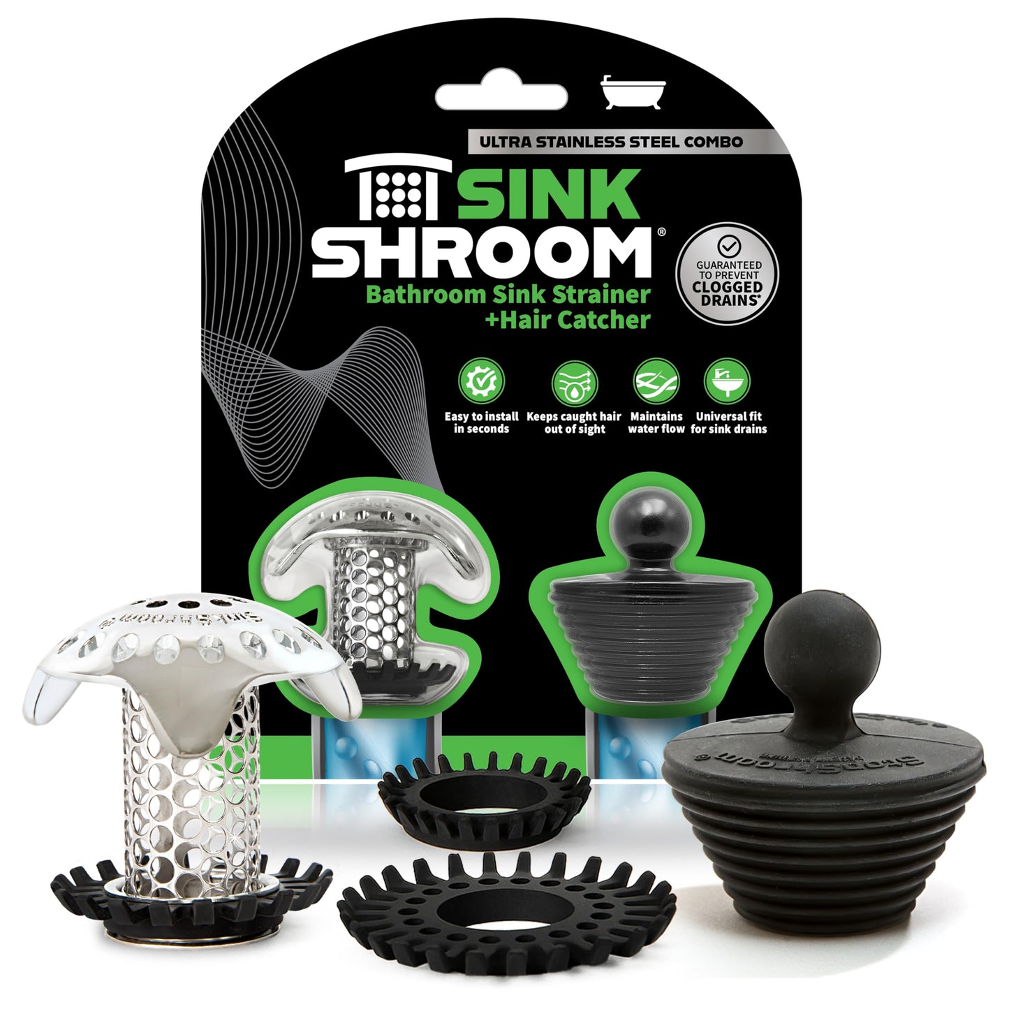 SinkShroom Ultra Revolutionary Bathroom Sink Drain Protector, Stainless Steel with Stopper