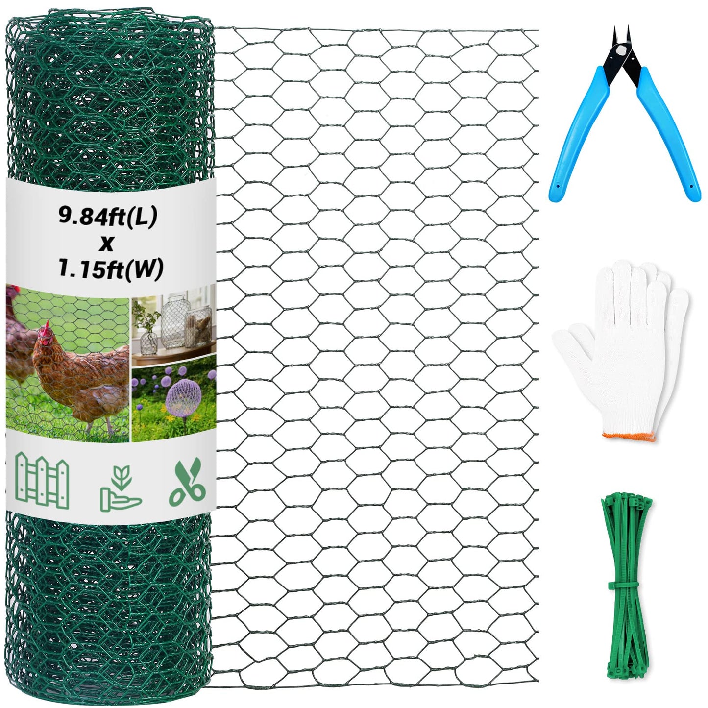 Chicken Wire Fence for Craft,13.78 x 118 Inch Lightweight Galvanized Hexagonal Chicken Wire Netting, Chicken Wire Mesh for Garden Poultry, Floral Chicken Wire Fencing with Gloves, Wire Ties and Plier