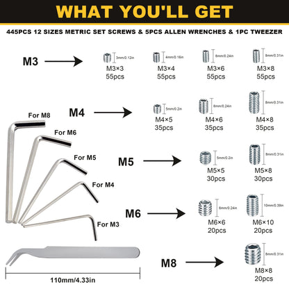 Siptenk Set Screws Assortment Kit Metric & SAE 901PCS, 304 Stainless Steel Threaded Inserts Hex Allen Head Socket Set Screw for Bathroom Fixtures Door Handles M3-M8 1/8-40 to 5/16-18