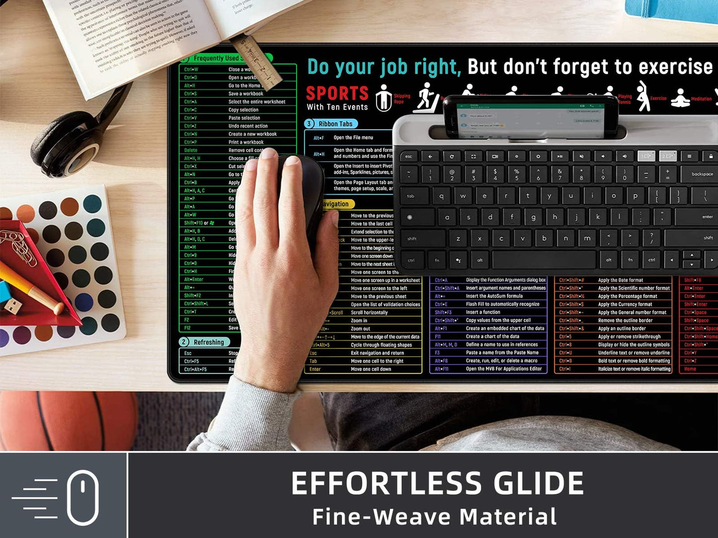 Rinaze Large Mouse Pad with Excel Shortcuts Cheat Sheet Desk Pad, Excel Tips Desk Mat, XXL Gaming Mousepad Keyboard Pad, Office Desk Accessories for Computer, Mac, PC and Laptop