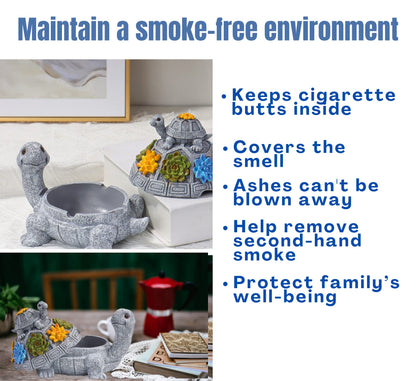 Windproof Decorative Ashtray with Lid Cigarette Resin Ashtray Odorless Outdoor Indoor Use. Porch Patio Home Office Decroation. Gift for Smokers Animal Lovers Men Women (Succulent Turtle)