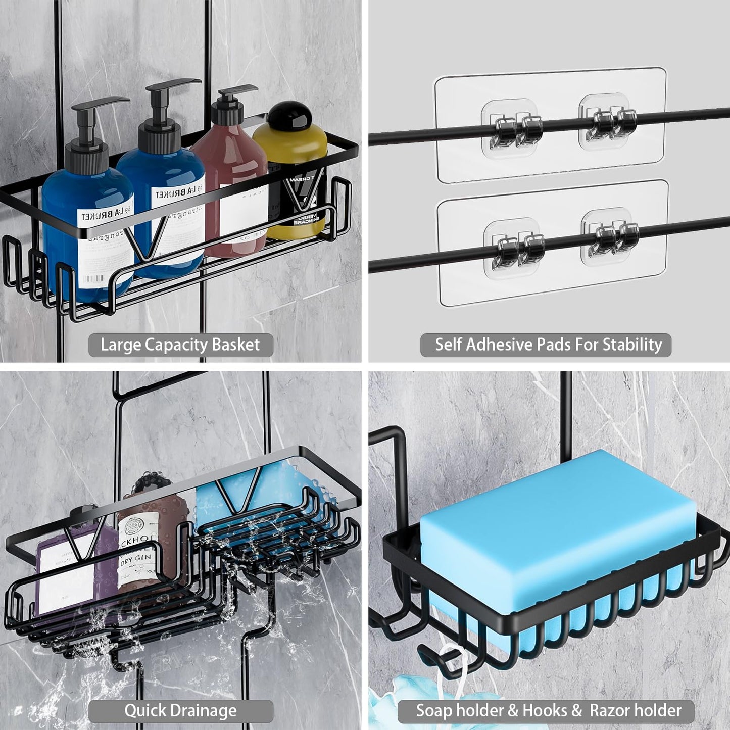 DAOYA Black Shower Caddy Hanging - Over the Shower Head Caddy 3 Tier Bathroom Organizer With 4 Baskets, Soap Holders, Multi Hooks, Rustproof, Stainless Steel
