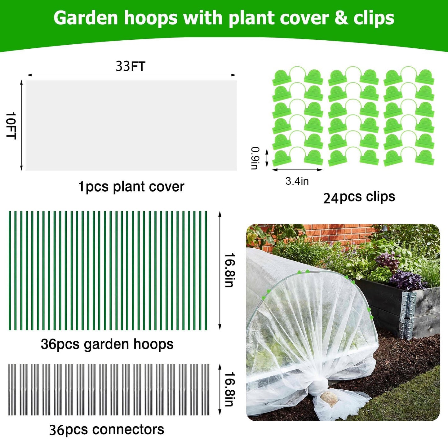 3x10M Plant Cover Freeze Protection Garden Hoops Kit for Winter, Fabric Floating Row Cover Frost Cloth Outdoor Plant Blanket for Frost Snow Protection, Greenhouse Garden Tunnel Hoops for Raised Beds