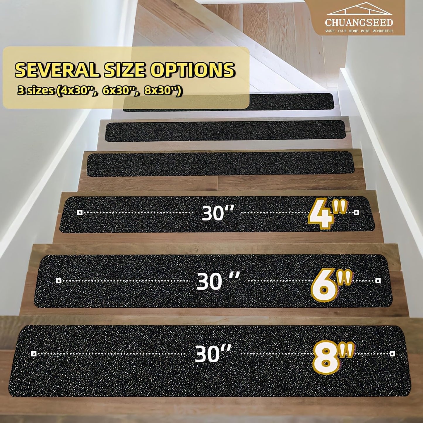 CHUANGSEED 12-Pack Non-Slip Stair Traction Tape 4''x30'' Black Anti Slip Tape 80 Grit Outdoor Treads Grip Tape- Waterproof Heavy Duty Anti Skid Strips for Steps,Deck,Staircase (Black, 4" x 30" x 12P)