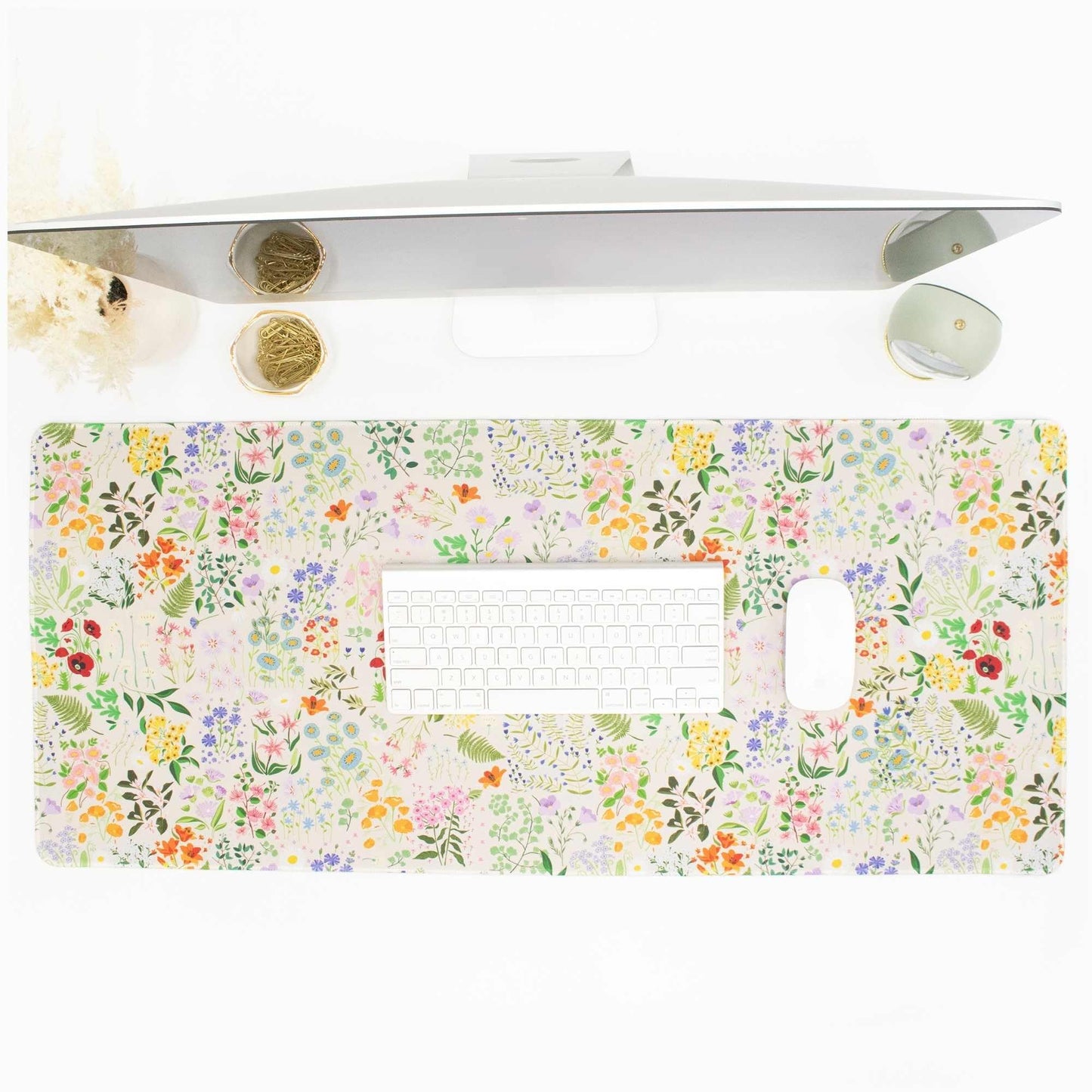 bloom daily planners Desk Pad Mat - XL Extended Mouse Pad with Rubber Base, Sewn Stitched Edges - Large Keyboard Mouse Mat for Work, Game, Office, Home (15.5" x 35”) - Floral Garden Party