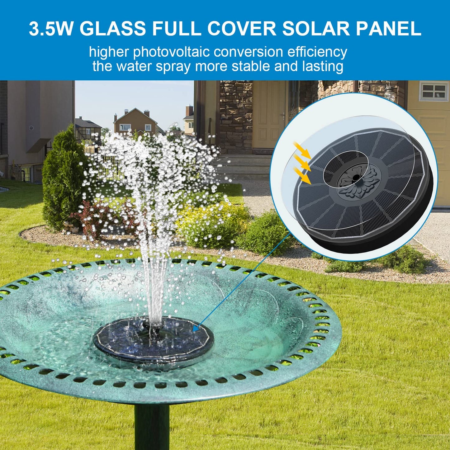 SZMP Solar Bird Bath Fountain, 3.5W Glass Panel Solar Water Fountain Pump 2000mAh Battery 4 Fixed Pipes 7 Nozzles Pool Fountain for Bird Bath Small Pond Garden Décor