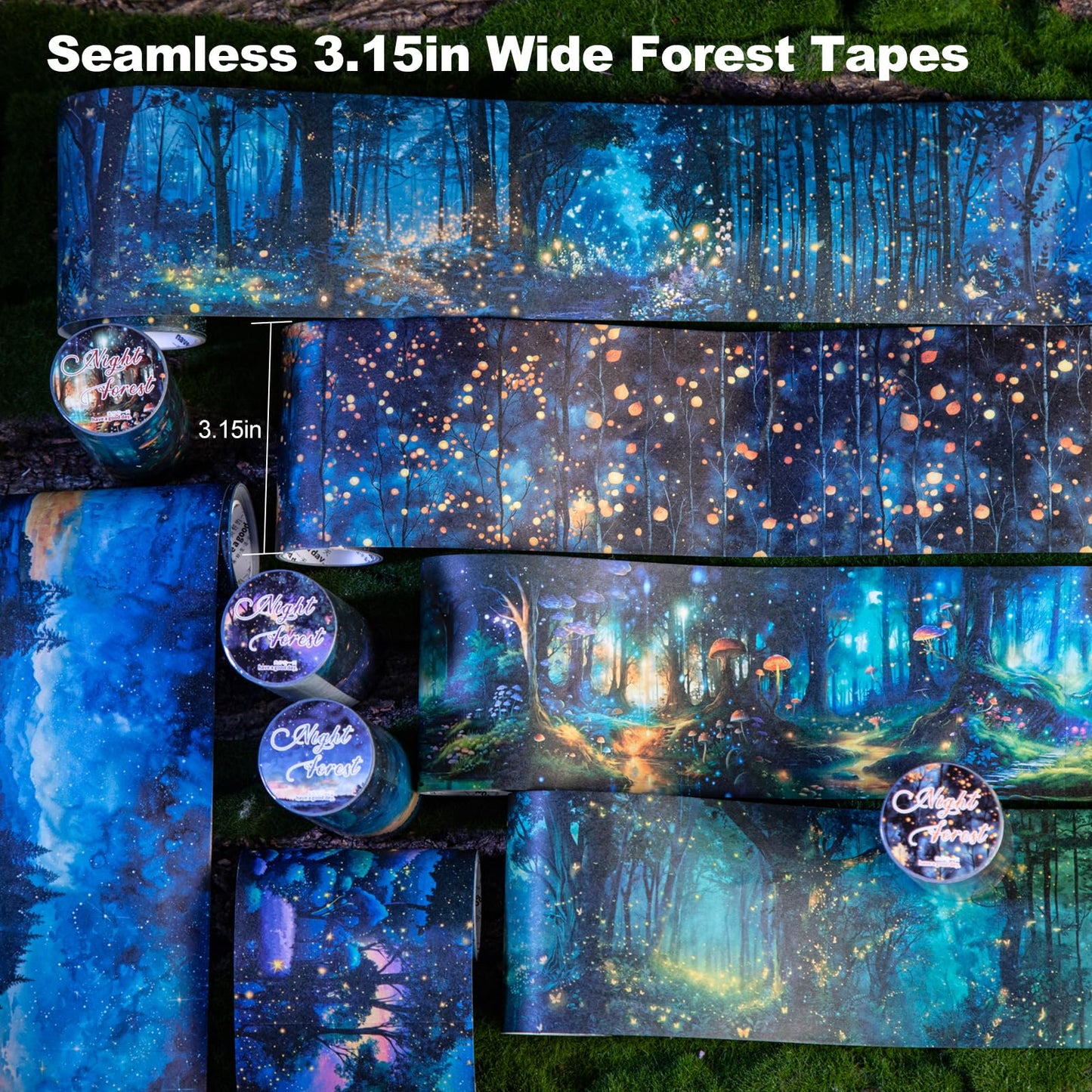 AuriicLeaf Night Forest Seamless Washi Tape Scrapbook Kit – 6 Rolls with Starry Sky, Fairy Woods & Twilight Designs for Journaling, DIY Crafts, Gift Wrapping, Card Making, Decoration, 3.15in Wide