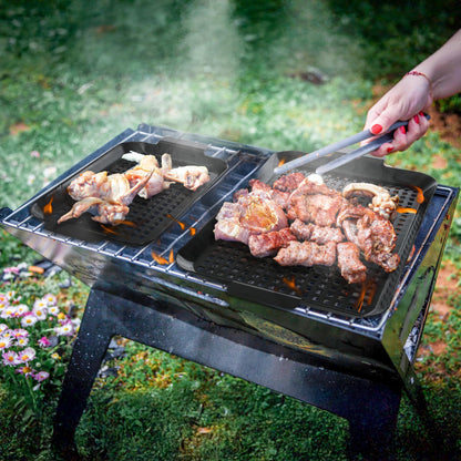 Covzoe 2 Pack Grill Topper Pans, Nonstick Barbecue Grilling Baskets with Perforated Bottom, Heavy Duty Carbon Steel Grilling Tray for Outdoor Cooking and Camping, Black