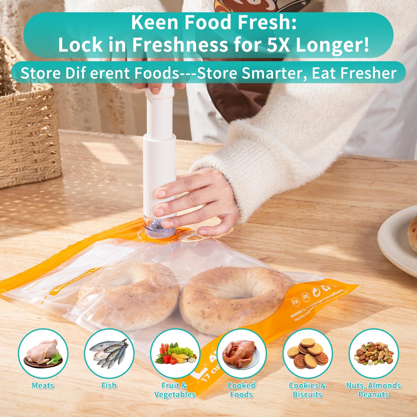 Vacuum Sealer for Food, Reusable Sous Vide Bags with Air Valve, PA&PE Material Long-lasting Freshness for Cooking, Food Storage(10.2 * 13.4in 20pcs）