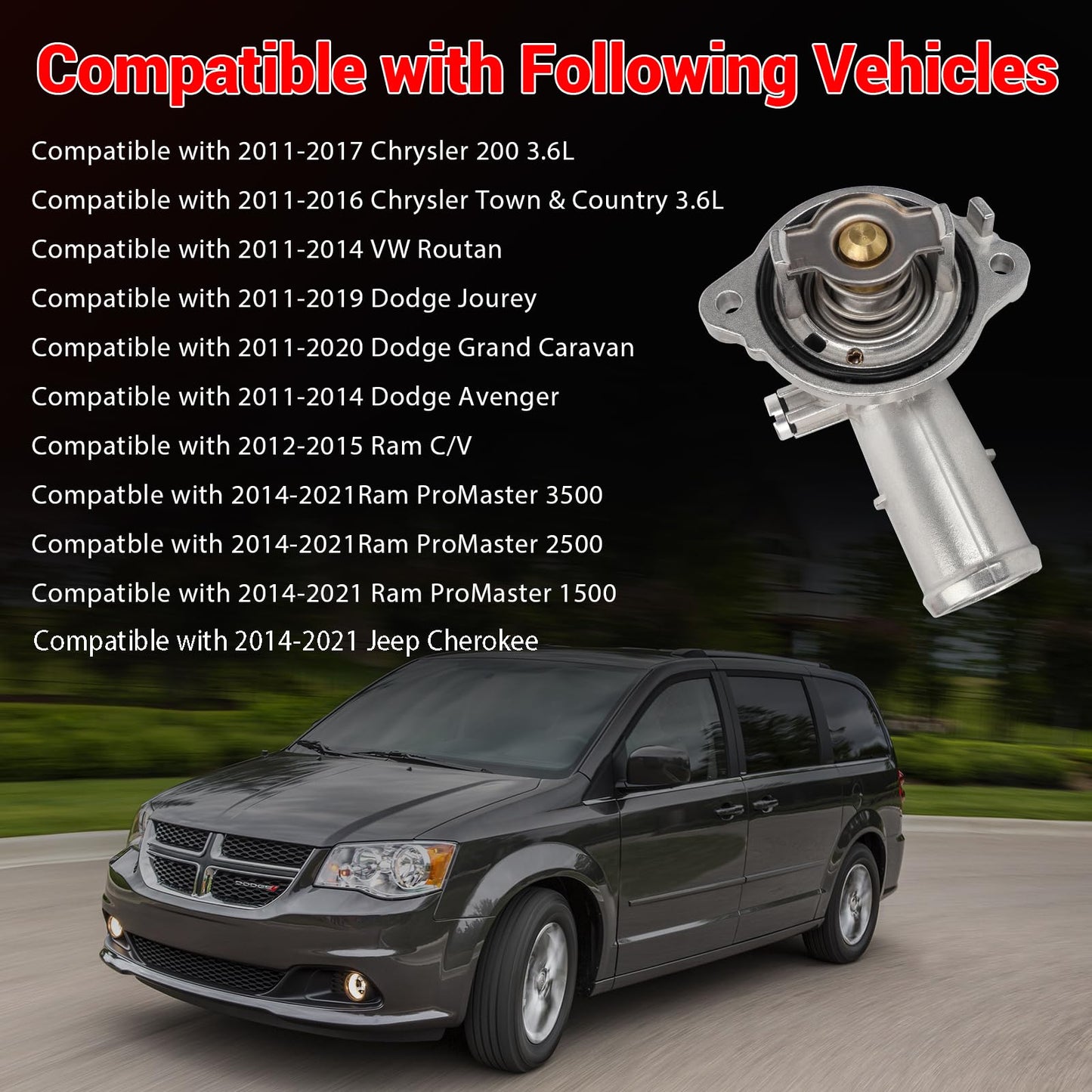 5184570AG Thermostat Housing Compatible with 2011-2020 Dodge Journey Avenger Grand Caravan 2014-2021 Jeep Cherokee 2012-2021 Ram C/V ProMaster 1500 2500 3500 2011-2017 Chrysler 200