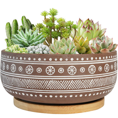 Thirtypot 8 Inch Terracotta Succulent Planter Pot with Drainage Hole and Bamboo Tray, Brown Round Shallow Bonsai Pot for Indoor Plants