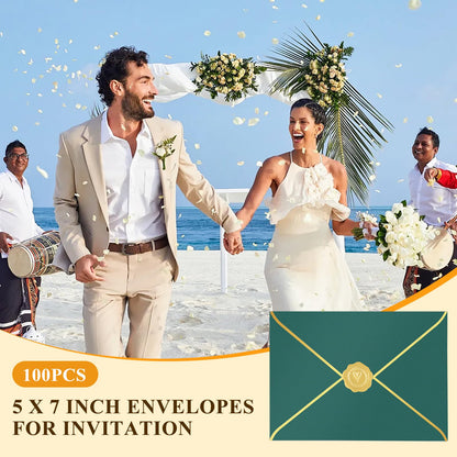 Supkiir 5x7 Envelopes for Invitations, 100 Pack V Flap Green Invitation Envelopes with Gold Border, Self Adhesive Envelope for Birthday, Weddings, Graduations, Baby Shower