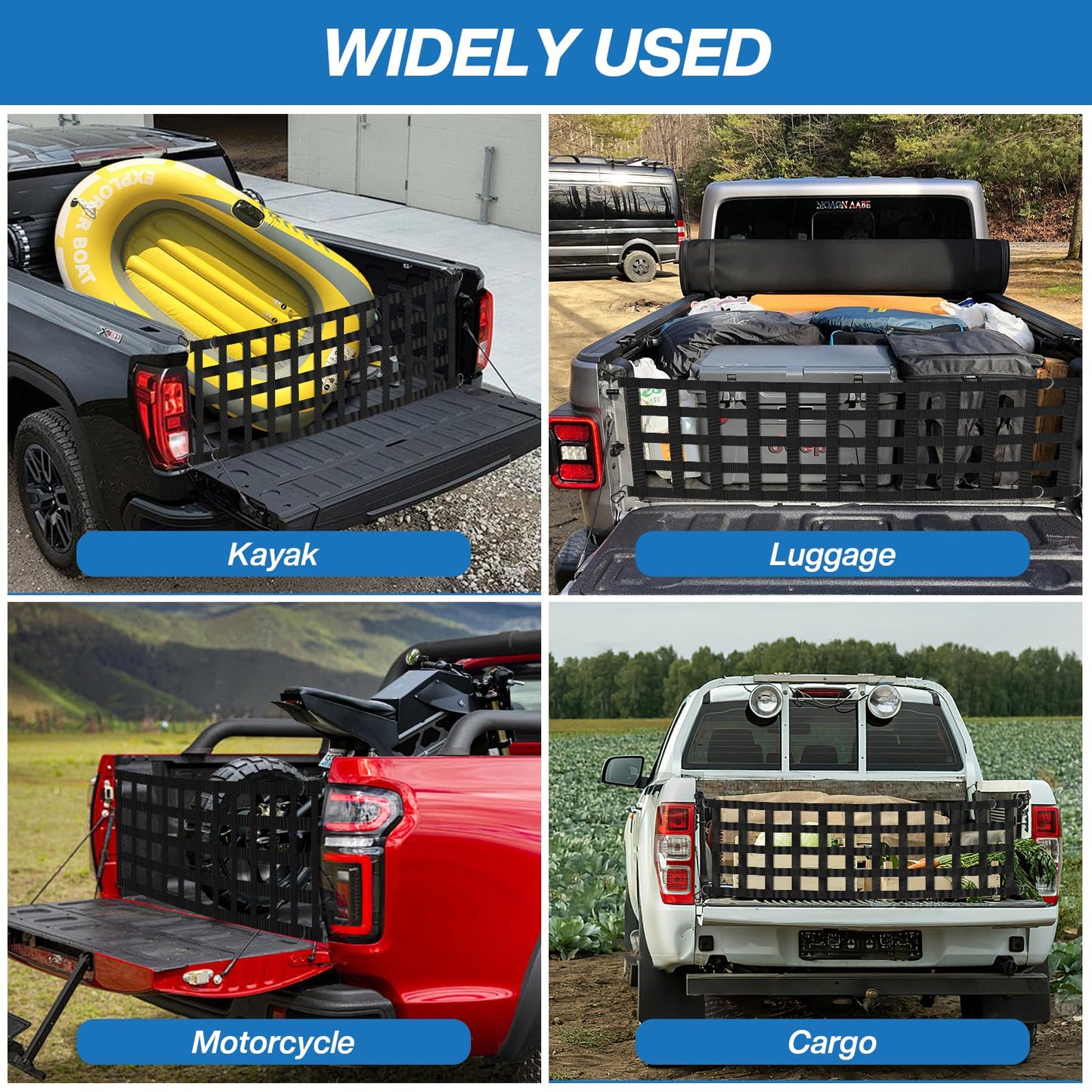 60" x 18" Cargo Net for Truck Bed with 2 Adjustable Ropes, Tailgate Net for Full-Size Truck, Easy-to-use Cargo Net
