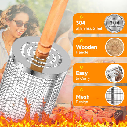 2PCS Rolling Grill Baskets with Removable Wooden Handle,304 Stainless Steel Nesting BBQ Basket for Outdoor Cooking Camping,BBQ Accessories Tools for Vegetables,Seafood & Meat,Gifts for Men Dad Husband