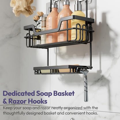 SWTYMIKI Shower Caddy Hanging, Shower Caddy Over Shower Head with 2 Soap Holders & hooks, 3 Tier Antirust & Anti-Swing Bathroom Shelves Organizer No Drilling, Black
