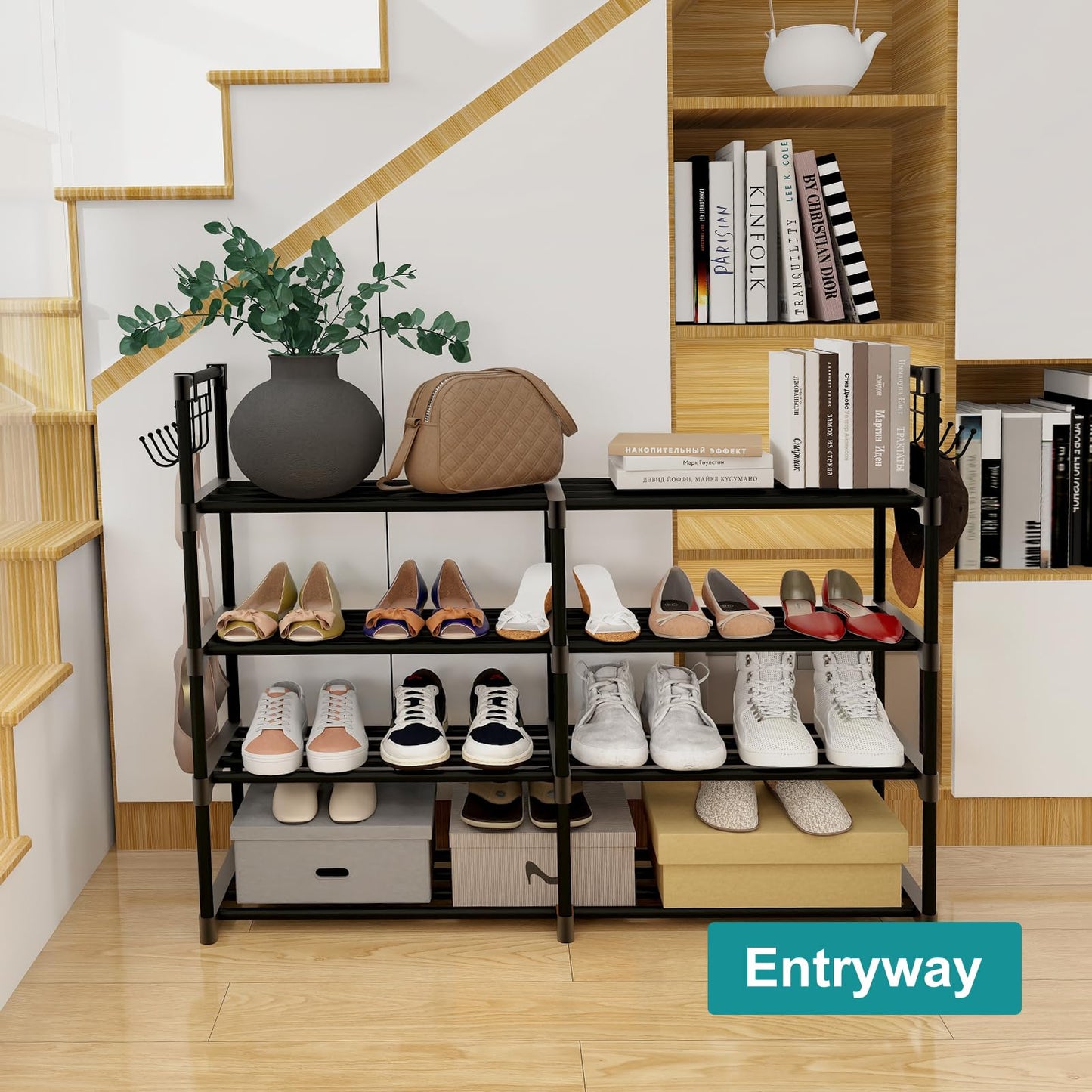 4-Tier Shoe Rack, Black Metal Shoe Racks, Stackable Shoe Shelf with Multifunctional Hooks, Hold 20 Pairs, Space Saving Shoe Rack, Shoes Rack for Closet,Show Rack