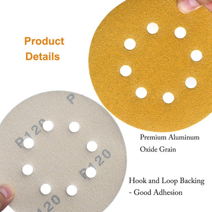 Aiyard 5-Inch 8-Hole Hook and Loop Sanding Discs, 60/80/120/150/220/320/400 Assorted Grits Gold Sanding Disc for Random Orbital Sander, 105-Pack