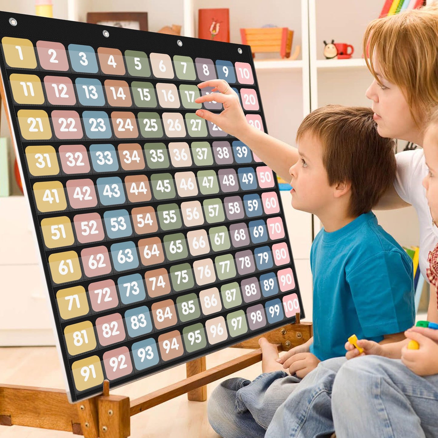 Yoink Boho Number Pockets Chart 1-100 with 120 Double-Sided Number Cards, Wall Mountable Hundred Chart for Classroom Teachers Home Counting and Organizer, Black
