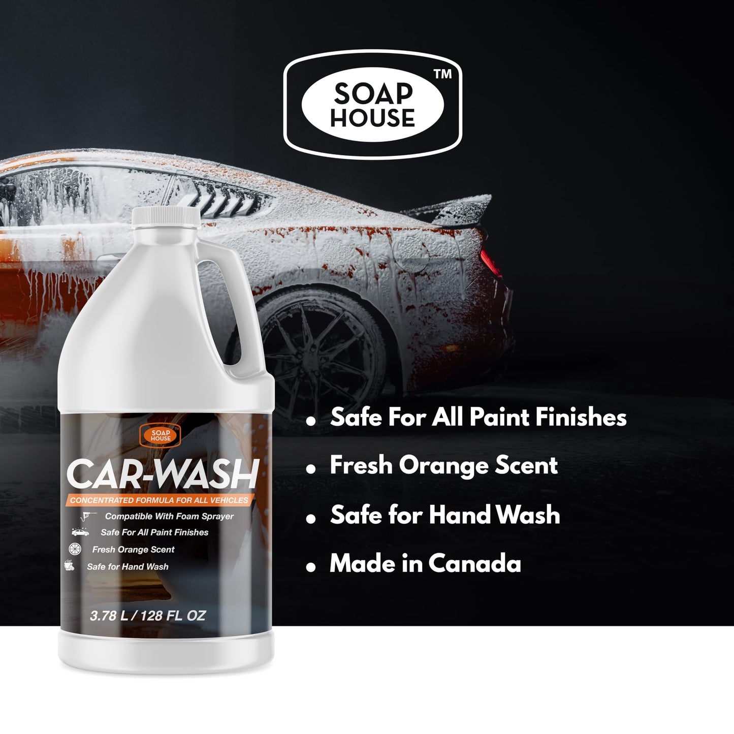 Soap House Deep Clean Car Wash – 1 Gallon (3.78L) – Orange Scent – Concentrated Formula for Tough Dirt & Road Grime – Safe for All Vehicles – Foam Sprayer Compatible
