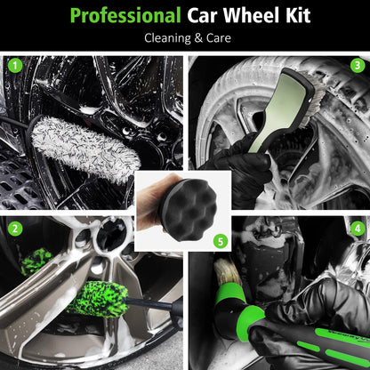 YeewayVeh 5PCS Car Wheel Cleaning & Shine Kit, Bendable & Microfiber Rim Cleaner Brush with Tire Scrubber, Boars Hair Detailing Brush and Tire Shine Applicator, All-in-One Wheel Care Pro Kit