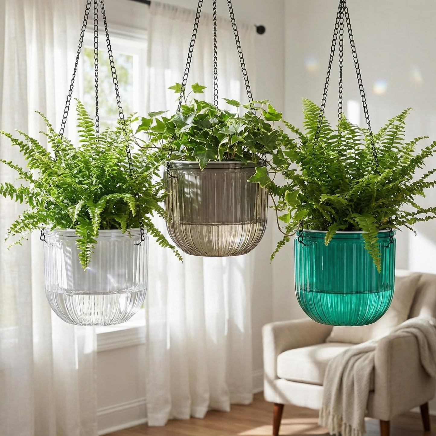 Pumtus 3 Pack Self Watering Hanging Planters, 6.5 Inch Hanging Flower Pot with Drainage Hole, Plastic Hanging Basket with 3 Hooks Chains, Plant Hanger for Indoor Outdoor Plants, Herbs (3 Colors)
