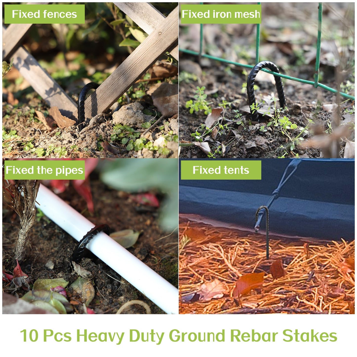 Rebar Stakes 16 Inch, J Hook Ground Stakes, Metal Garden Stakes 10 Pack, Heavy Duty Ground Tent Stakes Ground Anchors for Camping, Garden, Trampoline, Fence