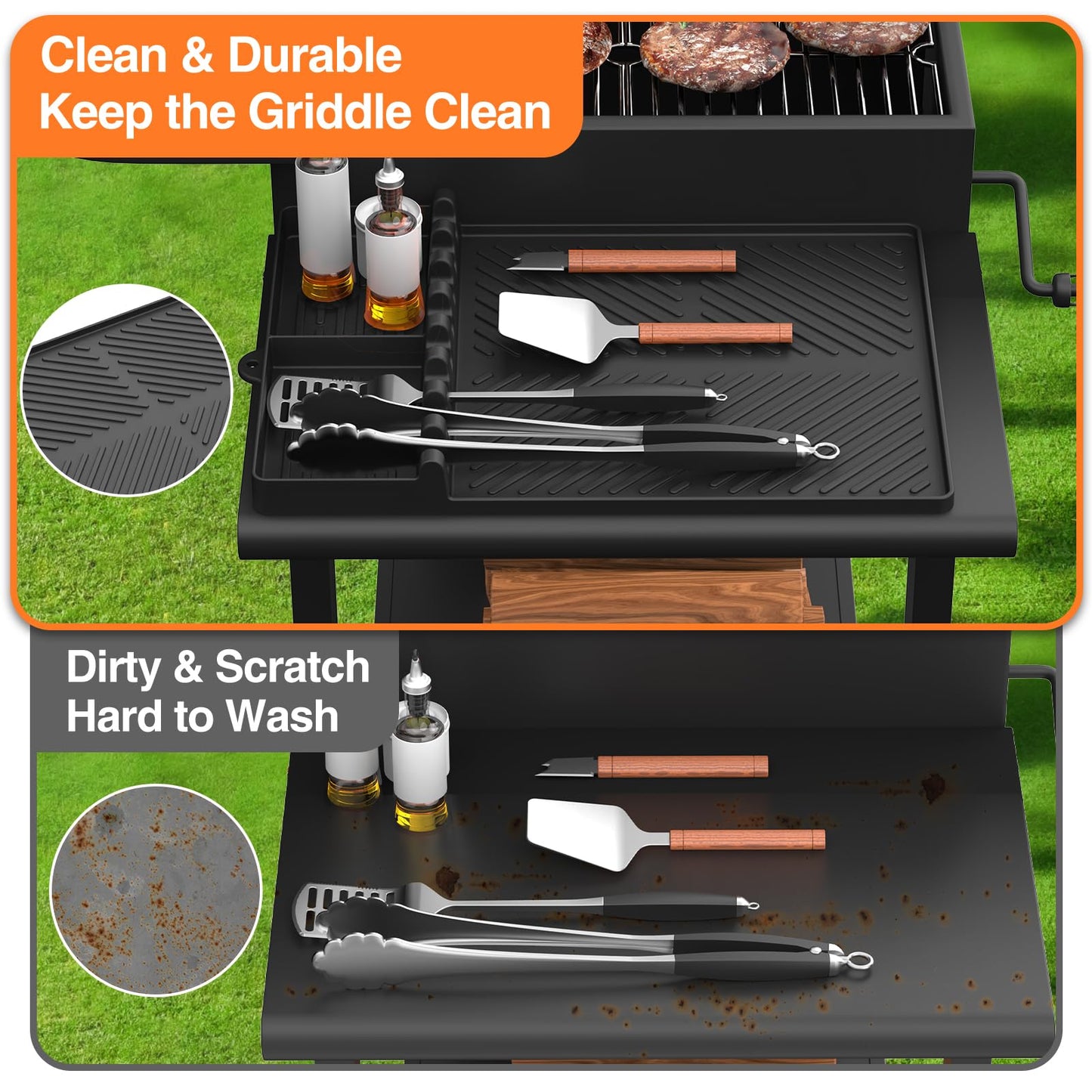 Silicone Griddle Tools Mat for Blackstone, Griddle Accessories Side Shelf Mat Grill Pad for Outdoor Grill Kitchen Counter Spatula Silicone Mat with Drip Pad Counter (Black (2Packs))