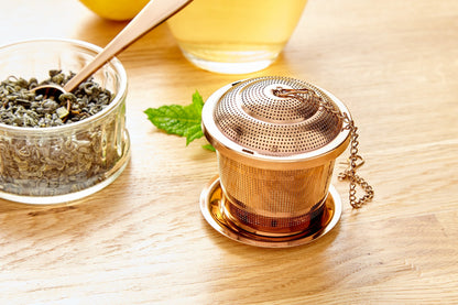 Apace Loose Leaf Tea Infuser (Set of 2) with Tea Scoop and Drip Tray - Ultra Fine Stainless Steel Strainer & Steeper for a Superior Brewing Experience (Rose Gold, Medium)