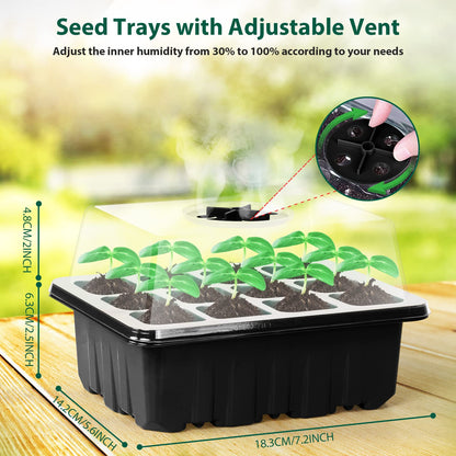 Sfee 10 Pack Seed Starter Tray Kit, 120 Cells Seedling Starter Trays with Humidity Dome and Base Greenhouse Growing Trays, Reusable Seed Germination Seedling Tray with Garden Tools Labels (Black)