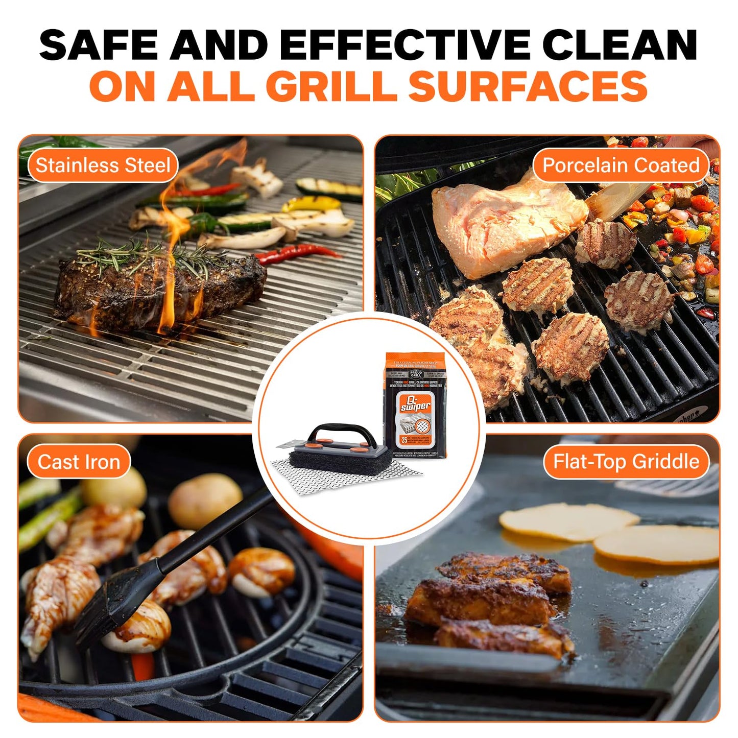 Q-Swiper BBQ Grill Cleaner Set - 1 BBQ Brush with Scraper and 25 BBQ Grill Cleaning Wipes. Bristle Free & Wire Free. Safe Way to Remove Grease and Grime for A Clean and Healthy Grill!