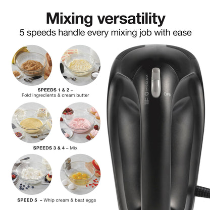 Proctor Silex 5-Speed Electric Hand Mixer for Baking, 100W, Snap-On Storage Case, Lightweight with 2 Beaters, Matte Black (62512)