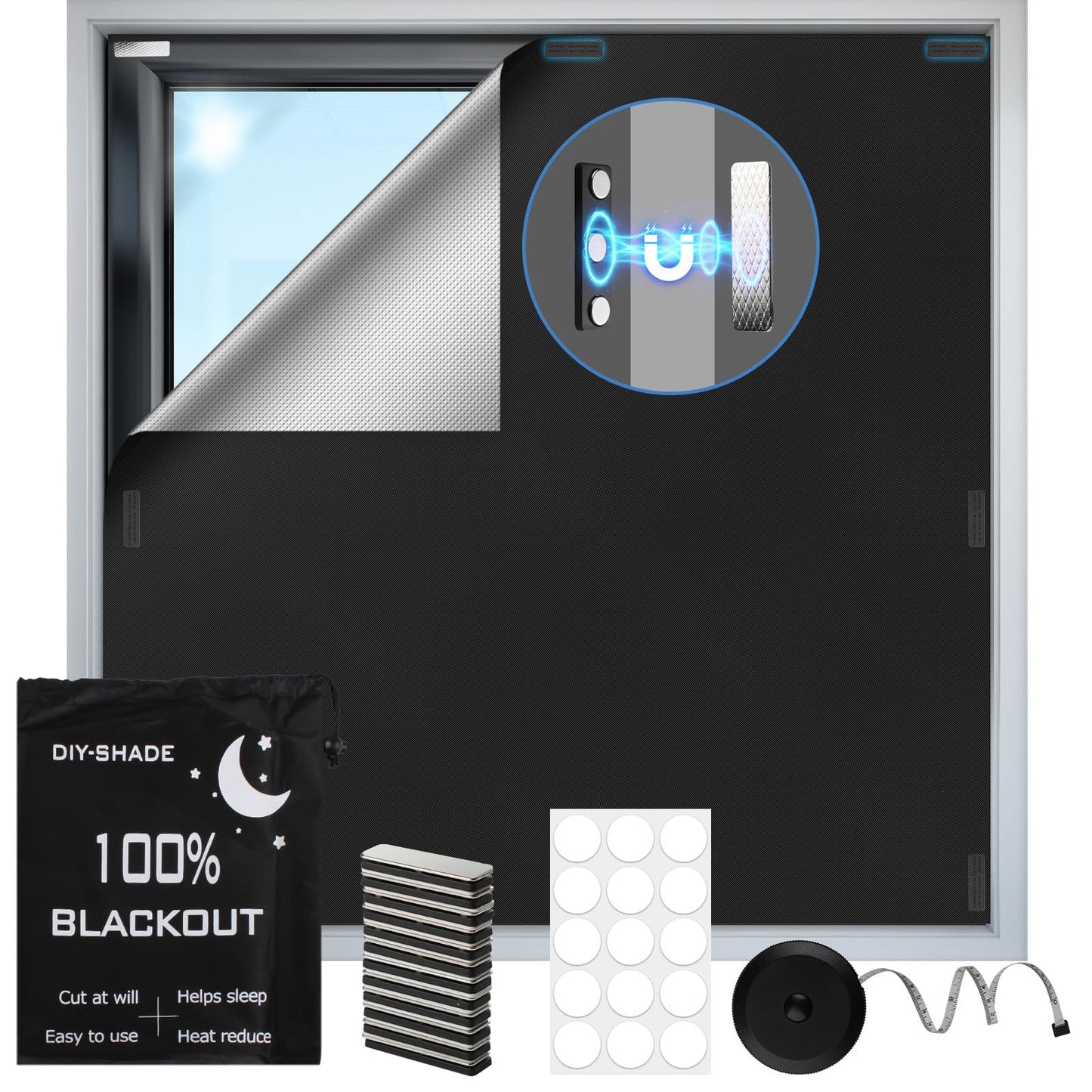 100% Magnetic Blackout Blinds 300 x 148 cm, Portable Black Out Shades Blackout Curtains for Bedroom, Media Room, Nursary, RV, Black Out Window Cover No Drill with Strong Magnets