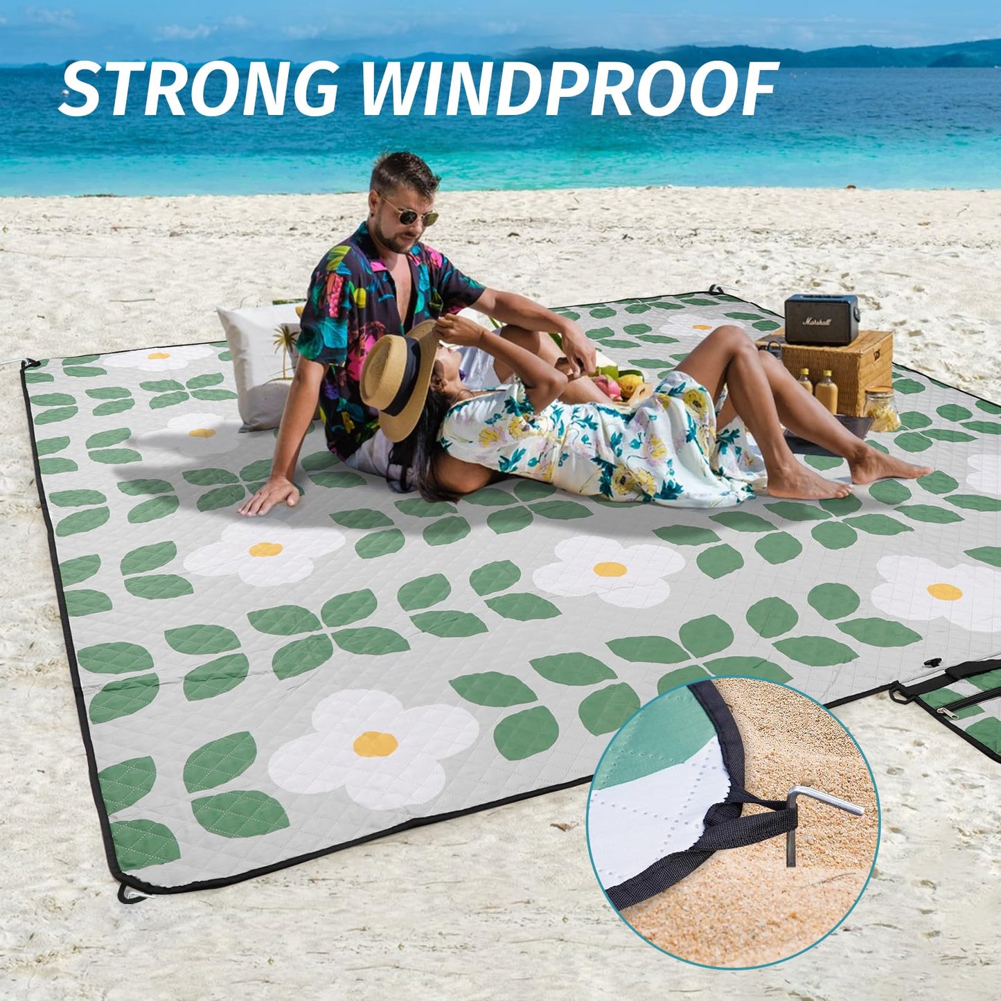 WICKERLAND Picnic Blankets Extra Large - Beach Blanket Waterproof Sandproof with Shoulder Strap, Machine Washable, Outdoor Blanket with Stakes for Grass Concert, Park, Lawn,Travel,Spring Summer.Green