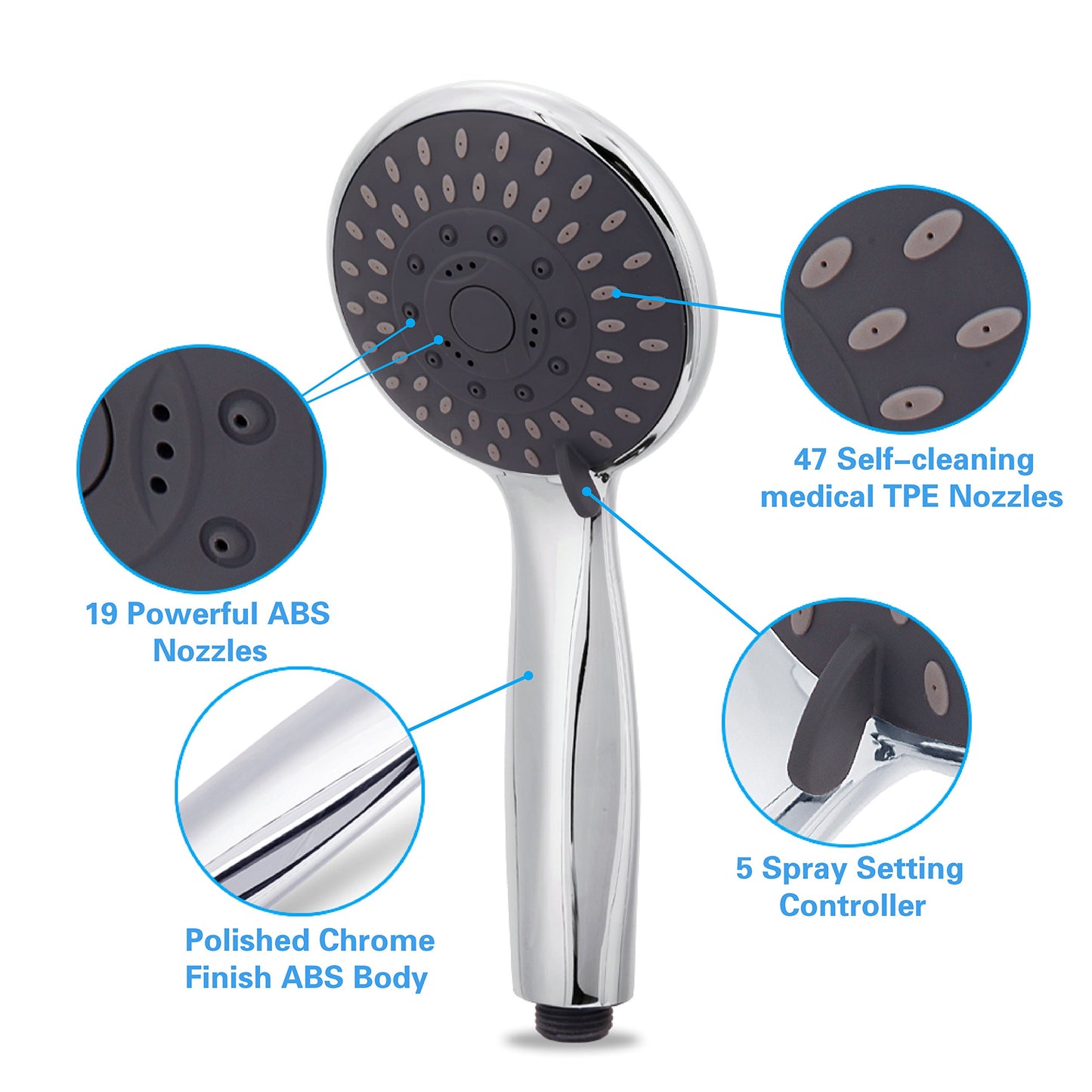 Shower Head, High Pressure Handheld Showerhead with Hose, 5 Settings Chrome Finished Hand Held Rainfall Shower Set- Including Bracket Teflon Washer