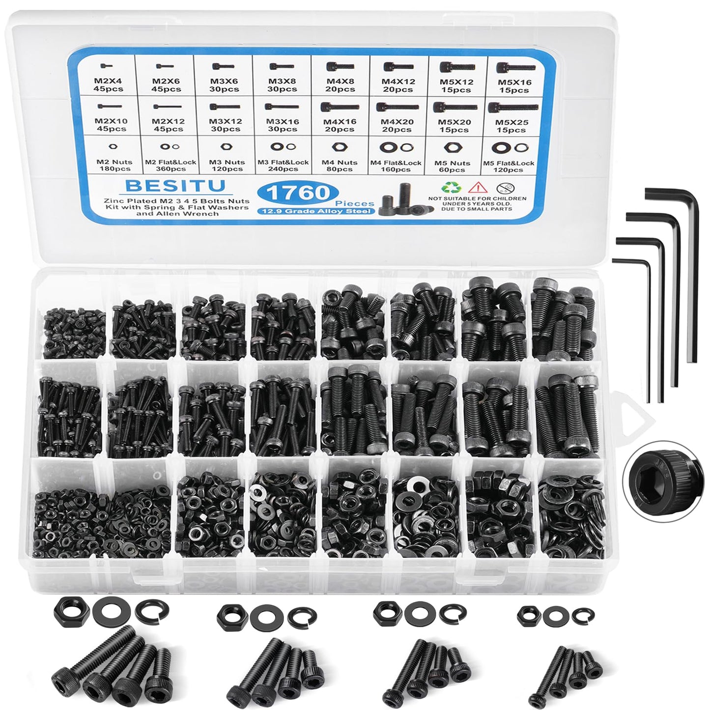 Besitu 1760pcs M2 M3 M4 M5 Metric Screw Assortment, Grade 12.9 Alloy Steel Hex Socket Head Cap Metric Bolts and Nuts Kit, Black Zinc Plated Metric Screw Set with 4 pcs Hex Wrenches