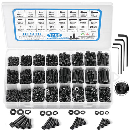 Besitu 1760pcs M2 M3 M4 M5 Metric Screw Assortment, Grade 12.9 Alloy Steel Hex Socket Head Cap Metric Bolts and Nuts Kit, Black Zinc Plated Metric Screw Set with 4 pcs Hex Wrenches