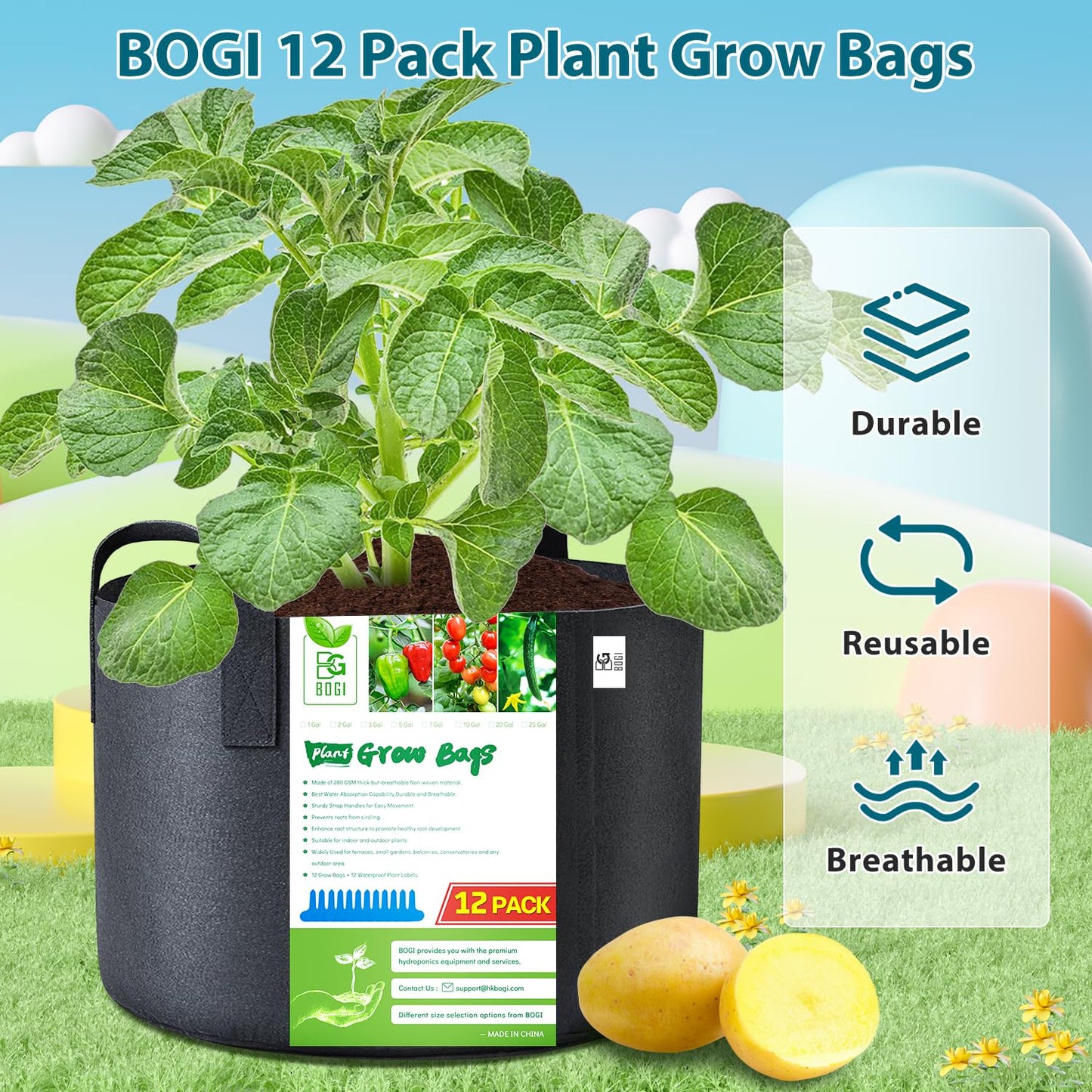 BOGI Grow Bags 12 Pack 3 Gallon Grow Bags Heavy Duty Thickened Nonwoven Grow Bag with Durable Habdles Fabric Pot for Vegetable Flower Potato Garlic Indoor Outdoor Plants + 12 Waterproof Plant Labels