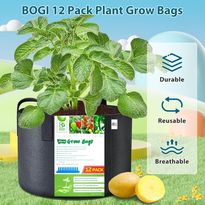 BOGI Grow Bags 12 Pack 3 Gallon Grow Bags Heavy Duty Thickened Nonwoven Grow Bag with Durable Habdles Fabric Pot for Vegetable Flower Potato Garlic Indoor Outdoor Plants + 12 Waterproof Plant Labels