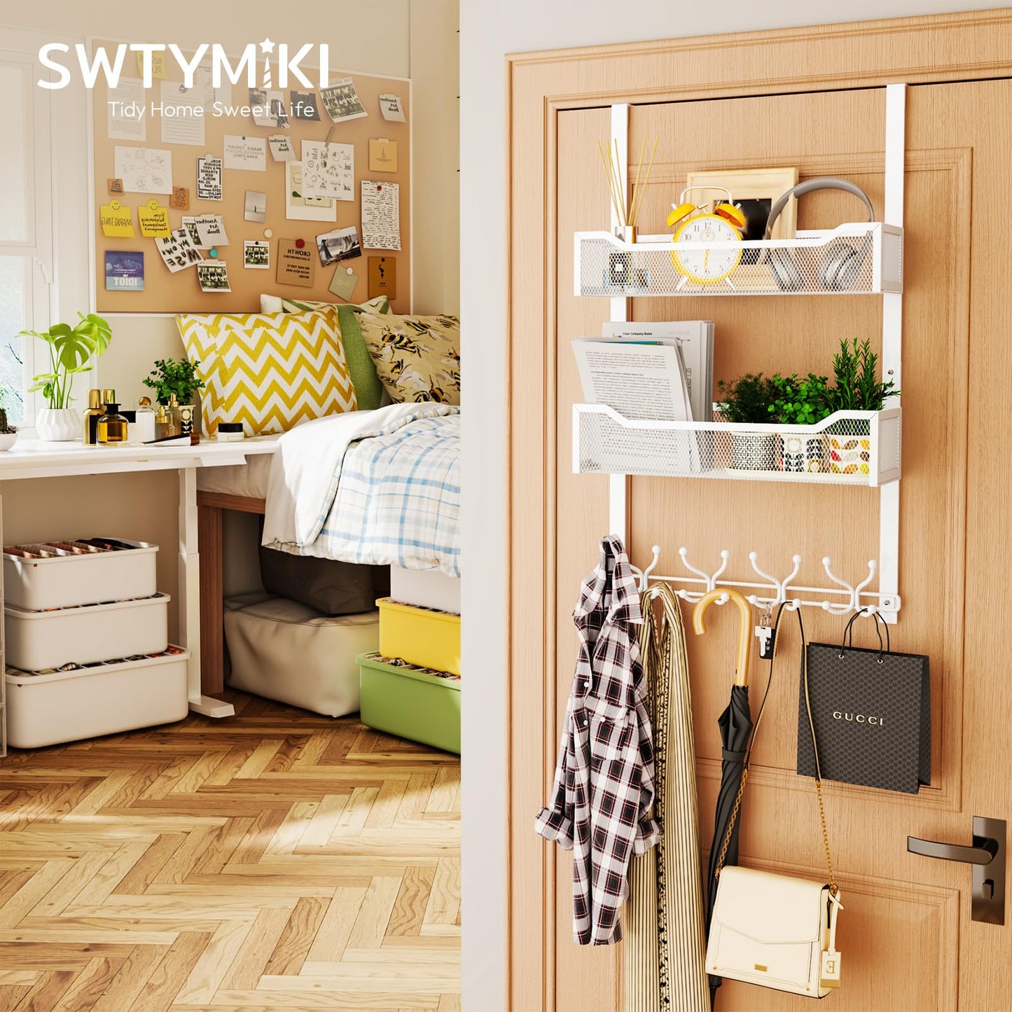 SWTYMIKI Over The Door Hook with 16 Hooks & 2 Mesh Baskets - Heavy Duty Over The Door Organizer Hanger for Towels, Coats, Clothes - Space Saving Hanging Rack for Bathroom, Living Room, White