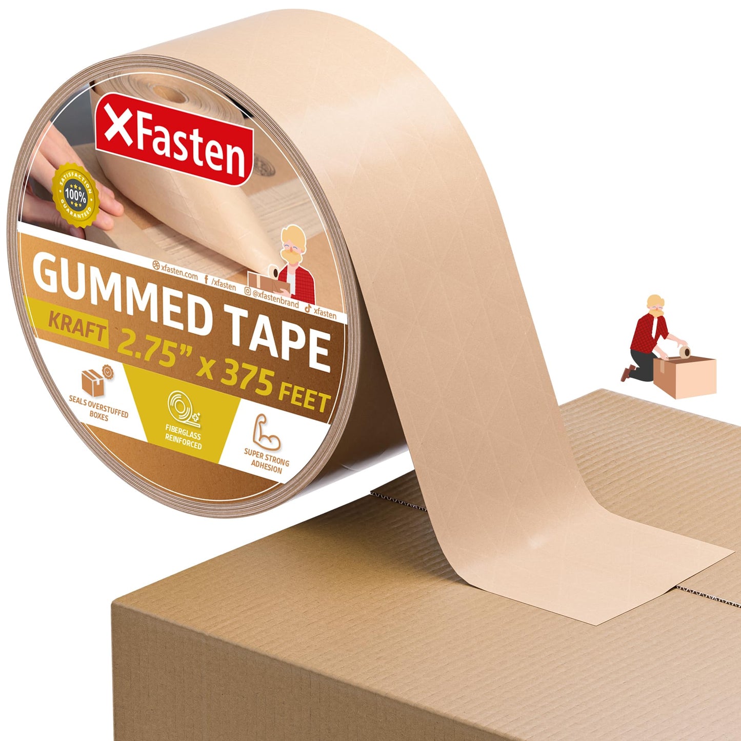 XFasten Reinforced Gummed Kraft Paper Packing Tape, 2.75 Inches x 375 Feet | Water Activated Brown Carton Box Packing and Sealing Tape for Mailing and Moving with Fiberglass Backing