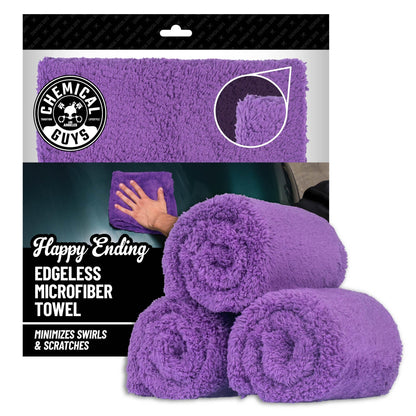 Chemical Guys Happy Ending Ultra Plush Edgeless Microfiber Towel, Purple, 16" x 16" (Pack of 3)