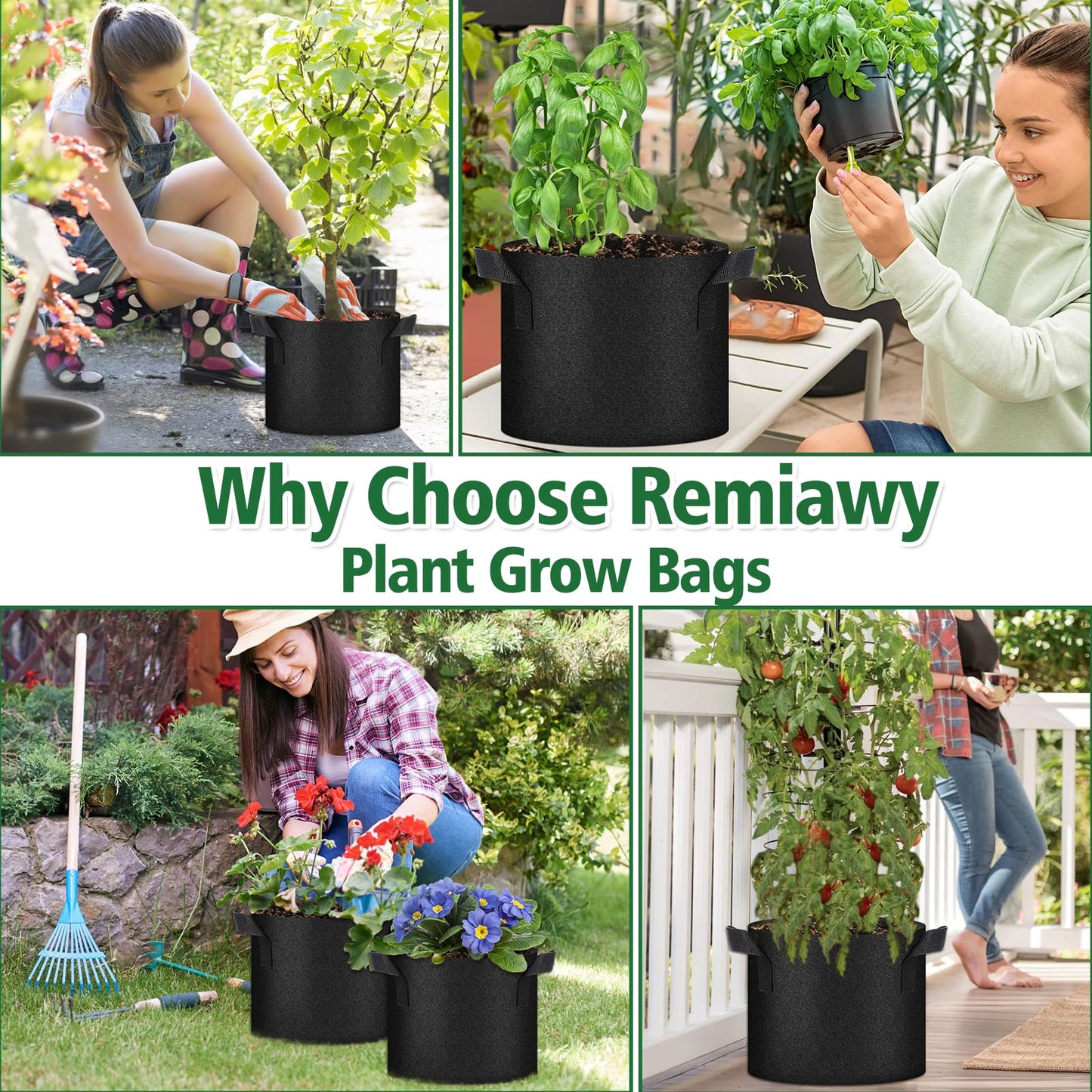 Remiawy Grow Bags, 10 Pack 5 Gallon Aeration Fabric Pots with Handles Reusable Heavy Duty Thickened Nonwoven Indoor Outdoor Garden Plant Containers for Growing Potatoes Tomatoes Plants and Vegetables