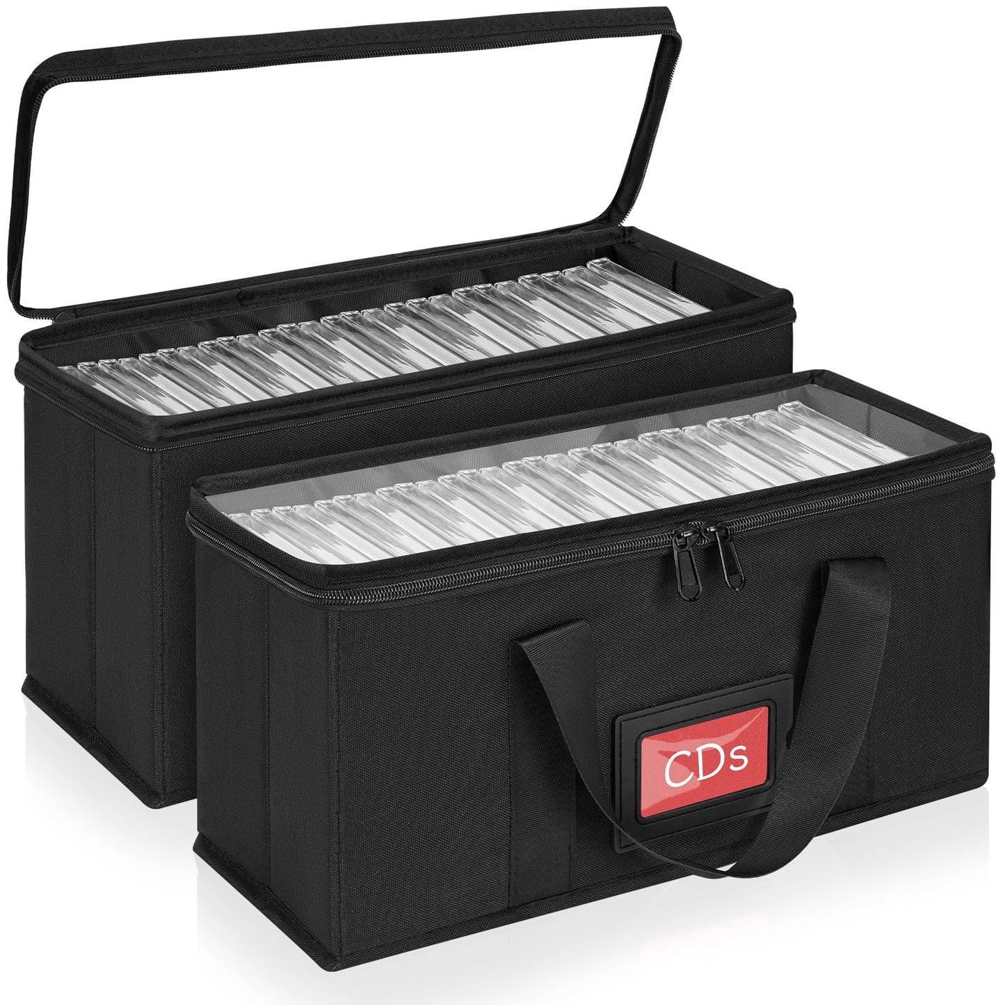 2 Pack CD Storage Boxes, TORIBIO CD Case Holder Organizer with Clear PVC Lid and Index Labels- 13.4"x 6.3"x 5.5" CDs Storage Holder Bags, Each Hold up to 31 CDs Jewel Cases or 170 Discs