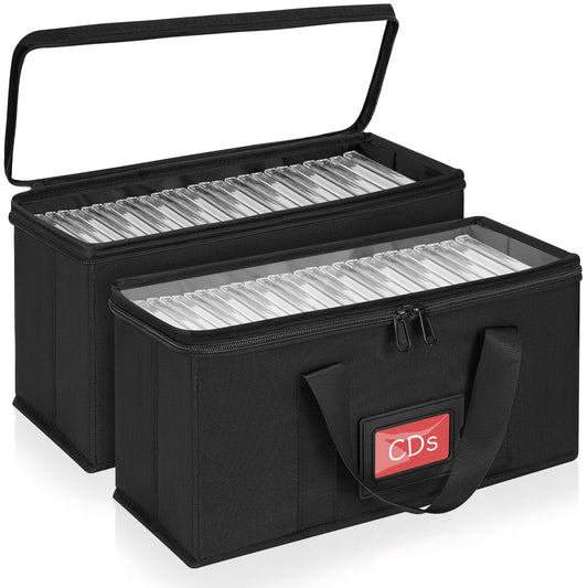 2 Pack CD Storage Boxes, TORIBIO CD Case Holder Organizer with Clear PVC Lid and Index Labels- 13.4"x 6.3"x 5.5" CDs Storage Holder Bags, Each Hold up to 31 CDs Jewel Cases or 170 Discs