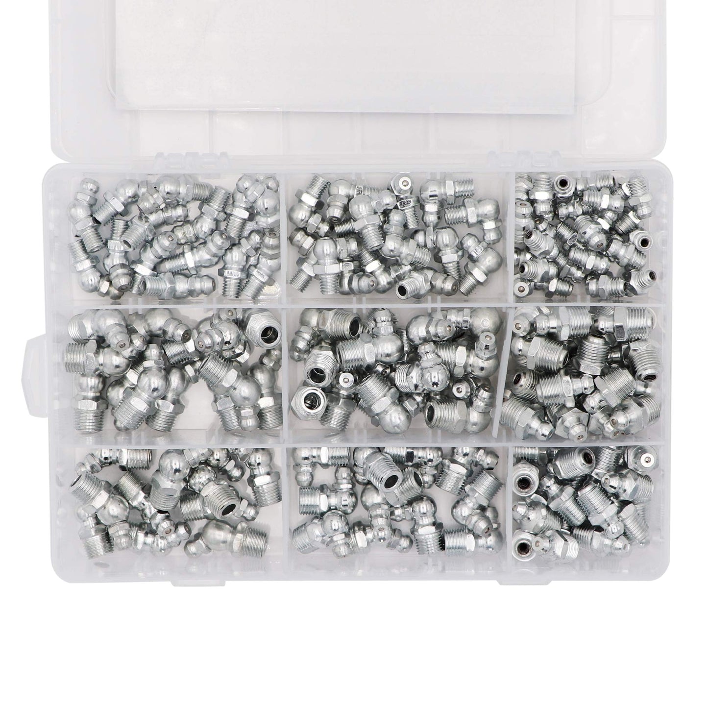 Taxutor 160-Pieces MM Metric Hydraulic Zerk Grease Fitting Assortment Set Kit - M6 M8 M10 Straight, 45 Degree, 90 Degree Angled Grease Zerk Fittings