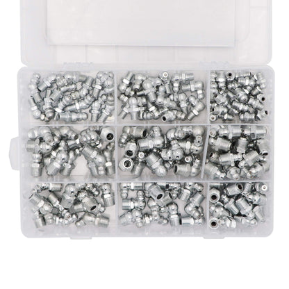 Taxutor 160-Pieces MM Metric Hydraulic Zerk Grease Fitting Assortment Set Kit - M6 M8 M10 Straight, 45 Degree, 90 Degree Angled Grease Zerk Fittings