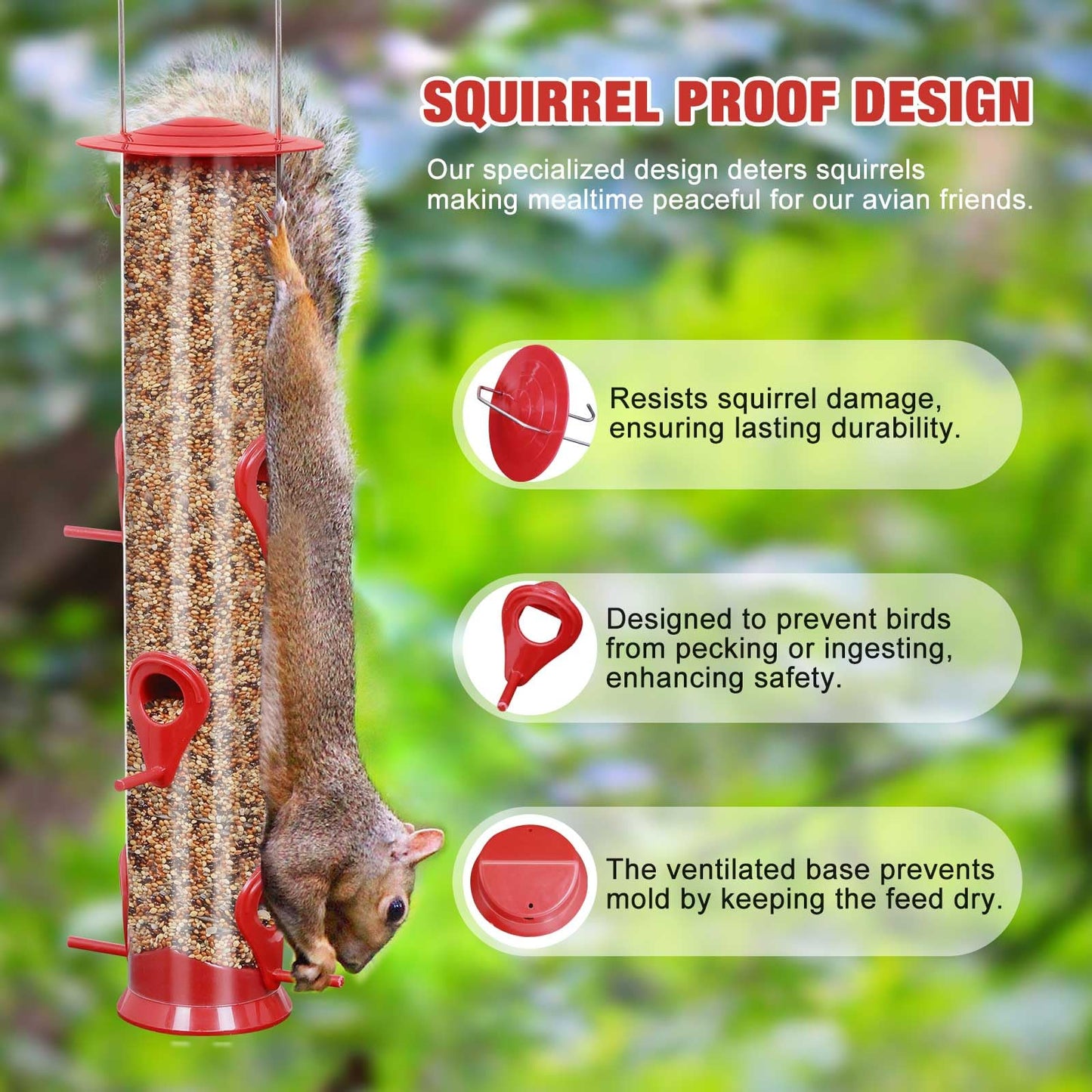 Bird Feeder Hanging Classic Tube Hanging Feeders with 6 Feeding Ports Premium Hard Plastic with Steel Hanger Weatherproof and Water Resistant Great for Attracting Birds Outdoors Garden Red 2Packs