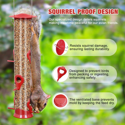 Bird Feeder Hanging Classic Tube Hanging Feeders with 6 Feeding Ports Premium Hard Plastic with Steel Hanger Weatherproof and Water Resistant Great for Attracting Birds Outdoors Garden Red 2Packs