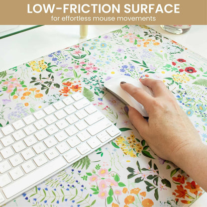 bloom daily planners Desk Pad Mat - XL Extended Mouse Pad with Rubber Base, Sewn Stitched Edges - Large Keyboard Mouse Mat for Work, Game, Office, Home (15.5" x 35”) - Floral Garden Party